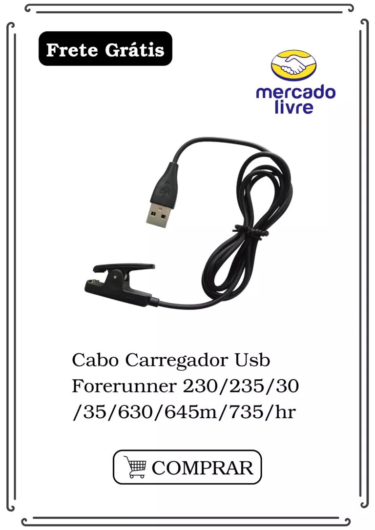 Cabo Carregador Relógio Esportivo Garmin Forerunner 230 - 235 - 30 - 35 - 630 - 645m - 735 - hr
